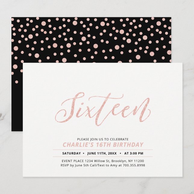 Rose Gold Modern Lettering 16th Birthday Party Invitation (Front/Back)