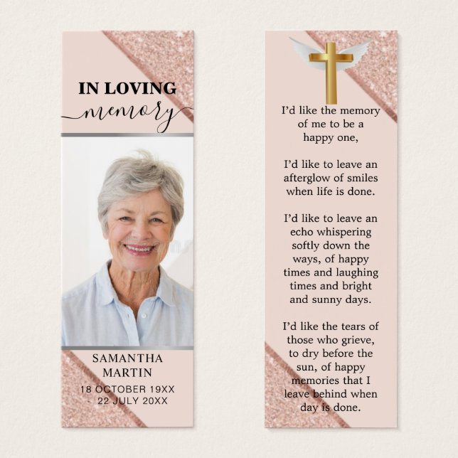 Rose Gold Modern Memorial Funeral Bookmark (Front & Back)