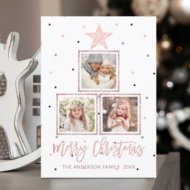 Rose Gold | Modern Merry Christmas 3 Photo Holiday Card (Creator Uploaded)