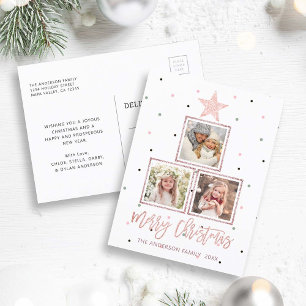 Rose Gold Modern Merry Christmas 3 Photo Holiday Postcard