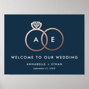 Rose Gold Modern Rings Navy Wedding Welcome Sign