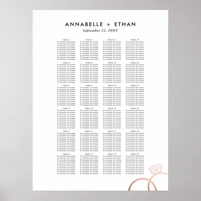 Rose Gold Modern Rings Wedding Seating Chart (Front)