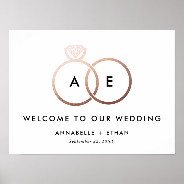 Rose Gold Modern Rings Wedding Welcome Sign (Front)