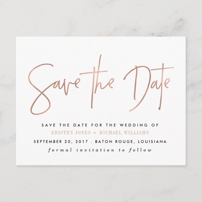 Rose Gold Modern Save the Date Announcement Postcard (Front)