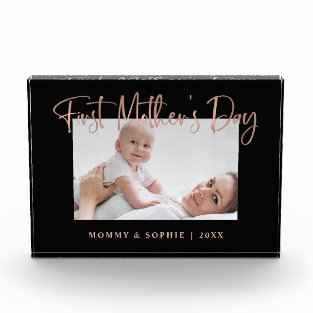 Rose Gold | Modern Script First Mother's Day Photo Block (Front)