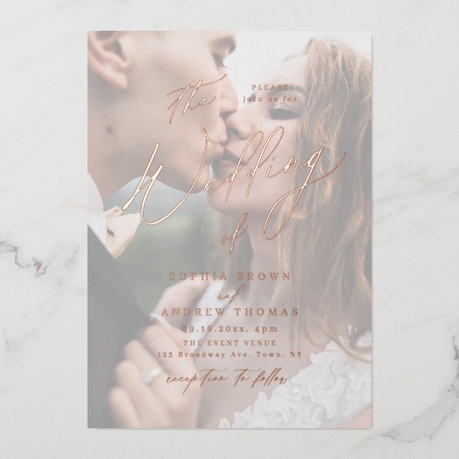 Rose gold modern script minimalist photo wedding (Front)