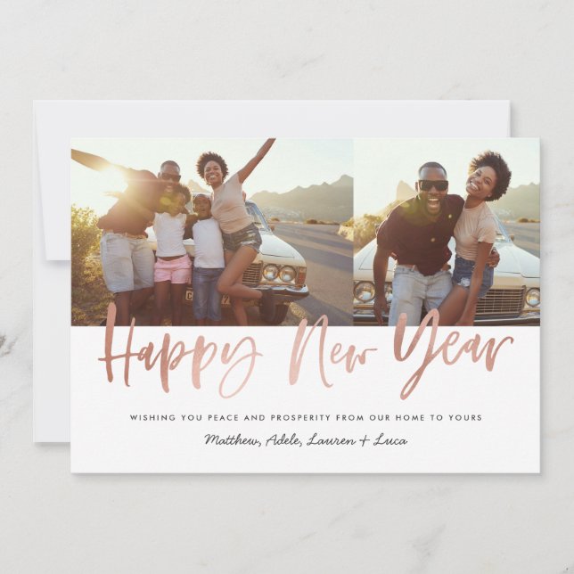Rose gold modern script new year holiday card (Front)