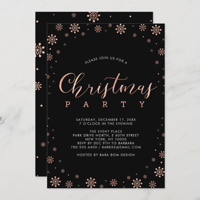 Rose Gold | Modern Snowflakes Christmas Party Invitation (Front/Back)