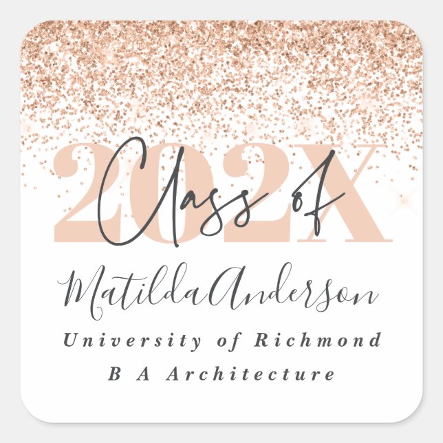 Rose gold modern stylish glitter graduation square square sticker (Front)