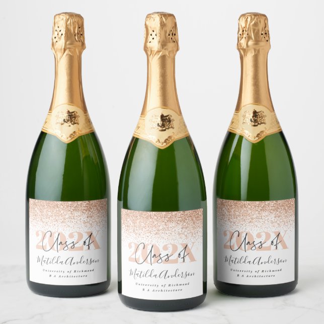 Rose gold modern stylish graduation party favour w sparkling wine label (Bottles)