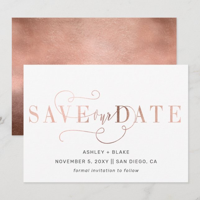 Rose Gold Modern Stylish Handwritten Calligraphy Save The Date (Front/Back)