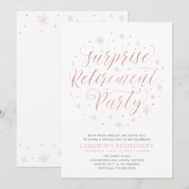 Rose gold | Modern Surprise Retirement Party Invitation (Front/Back)