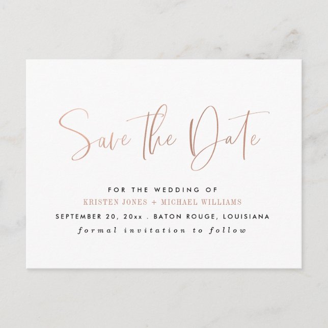 Rose Gold Modern Typography Save the Date Announcement Postcard (Front)