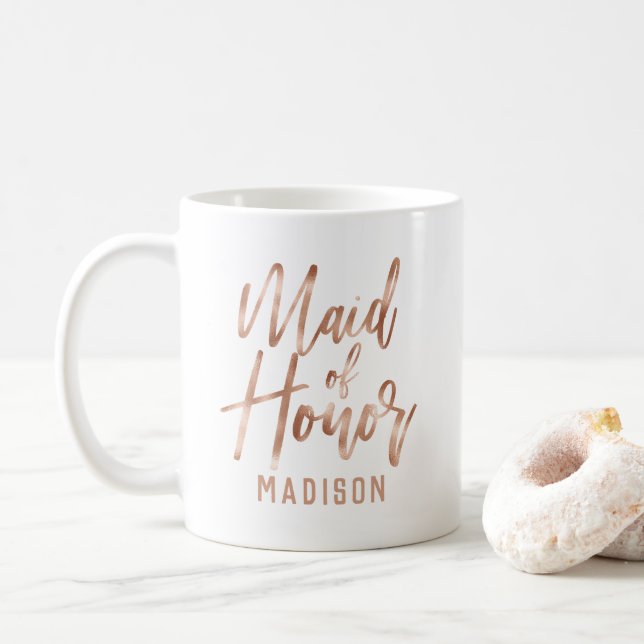 Rose Gold Modern Typography Wedding Maid of Honour Coffee Mug (With Donut)