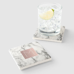 rose gold monogram black and white marble stone coaster