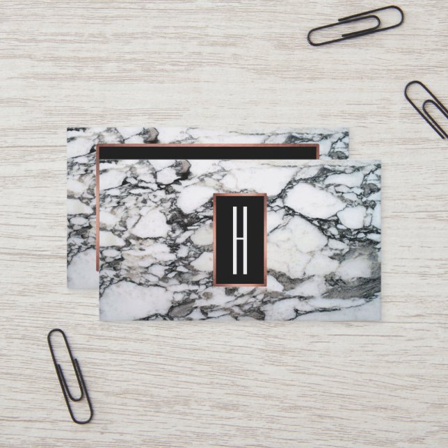 Rose Gold Monogram Black White Marble Business Card (Front/Back In Situ)