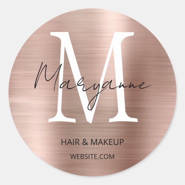 Rose Gold Monogram Business Logo Classic Round Sticker (Front)