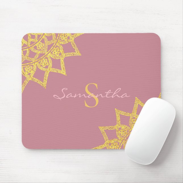 Rose Gold Monogram Elegant Floral Mandala Mouse Mat (With Mouse)