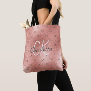 Rose gold monogram elegant script tote bag