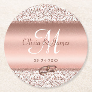 Rose Gold Monogram Elegant Wedding  Round Paper Coaster