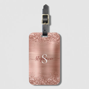 Rose Gold Monogram Faux-Glitter Girly Glam Luggage Tag
