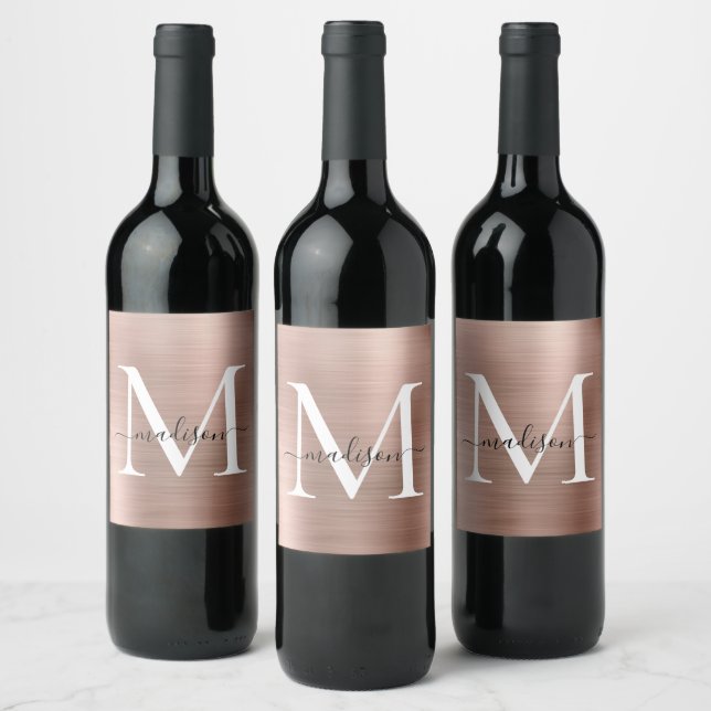 Rose Gold Monogram Girly Script Metallic Steel Wine Label (Bottles)