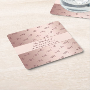 Rose gold monogram initials elegant wedding square paper coaster