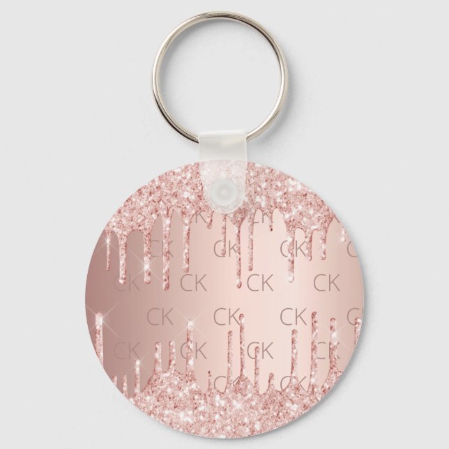 Rose gold monogram initials glitter drips luxury key ring (Front)