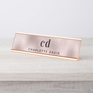 Rose gold monogram initials minimalist desk name plate