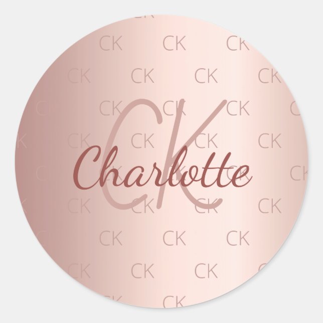 Rose gold monogram initials name classic round sticker (Front)