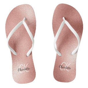 Rose gold monogram initials name minimalist flip flops