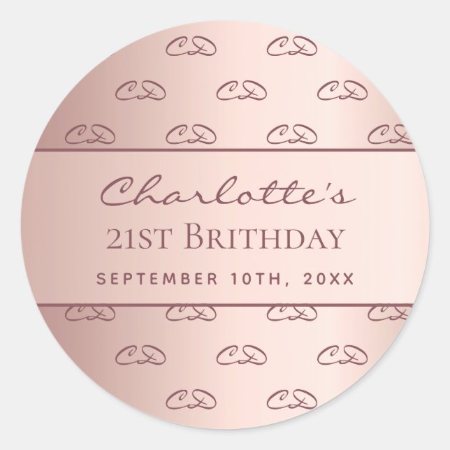 Rose gold monogram initials script birthday classic round sticker (Front)