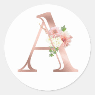 Rose Gold Monogram Letter A Blush Pink Flower Foil Classic Round Sticker