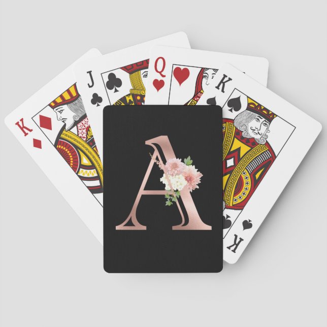 Rose Gold Monogram Letter A Blush Pink Flower Foil Playing Cards (Back)