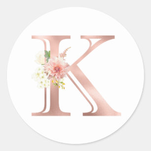 Rose Gold Monogram Letter K Blush Pink Flower Foil Classic Round Sticker
