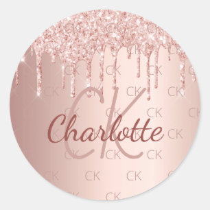 Rose gold monogram name drips  classic round sticker