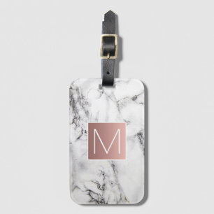 rose gold monogram on black white stone luggage tag