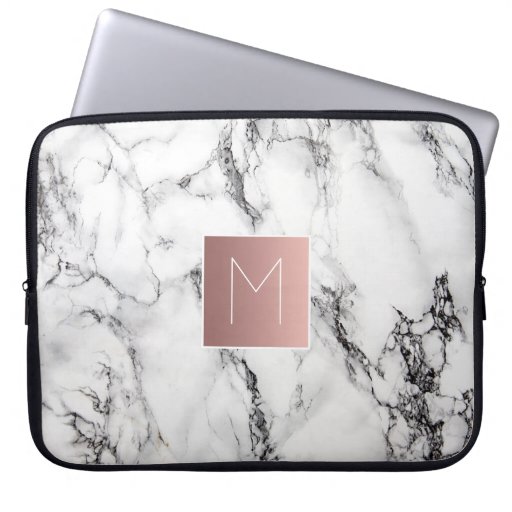 Image of rose gold monogram on marble Laptop Sleeve