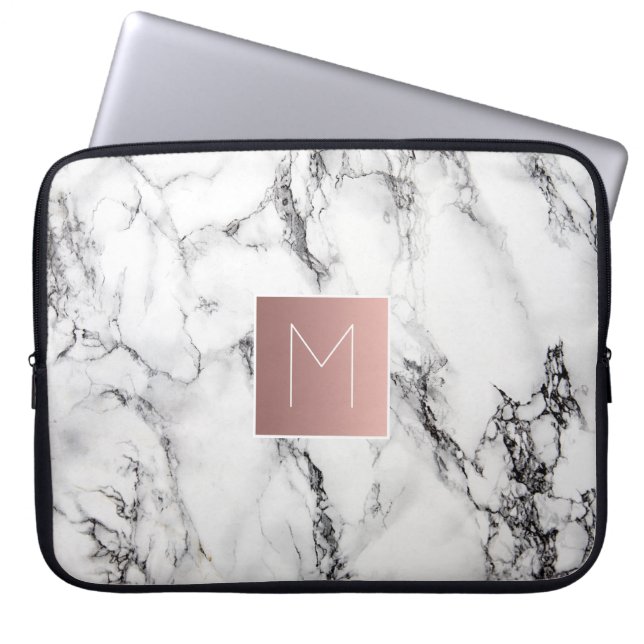 rose gold monogram on marble laptop sleeve (Front)
