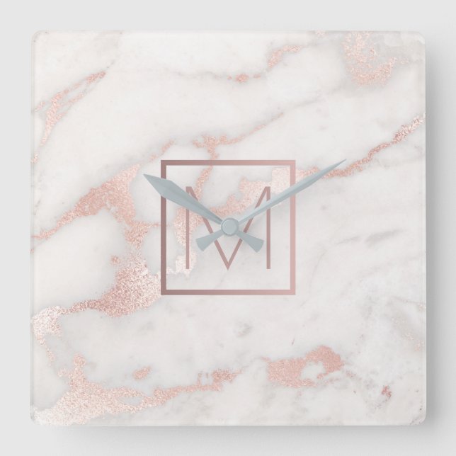 rose gold monogram on pink marble stone square wall clock (Front)