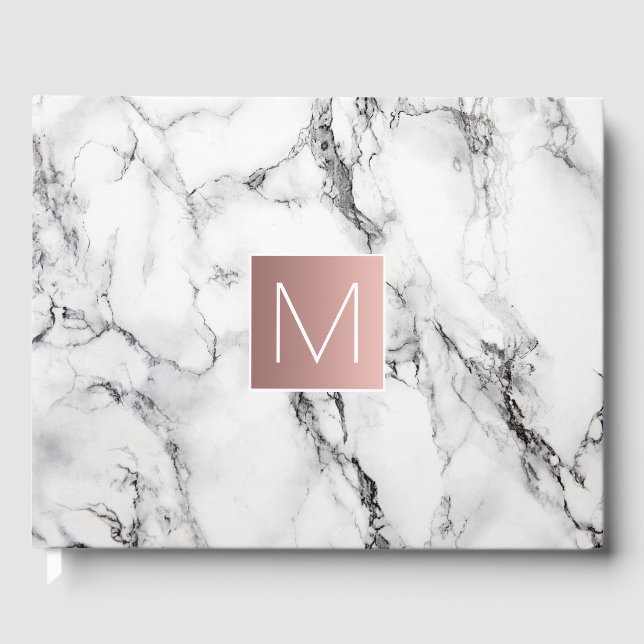 rose gold monogram on white marble look guest book (Front)