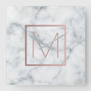 rose gold monogram on white marble stone square wall clock