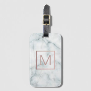 rose gold monogram on white stone luggage tag