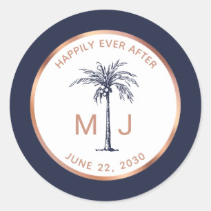 Rose Gold Monogram Palm Tree Tropical Wedding Classic Round Sticker