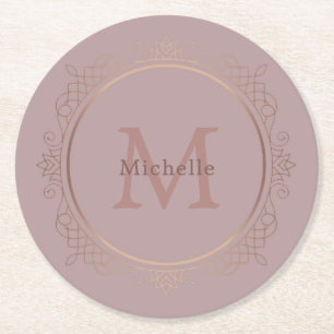 Rose Gold Monogram Personalised Elegant Template Round Paper Coaster