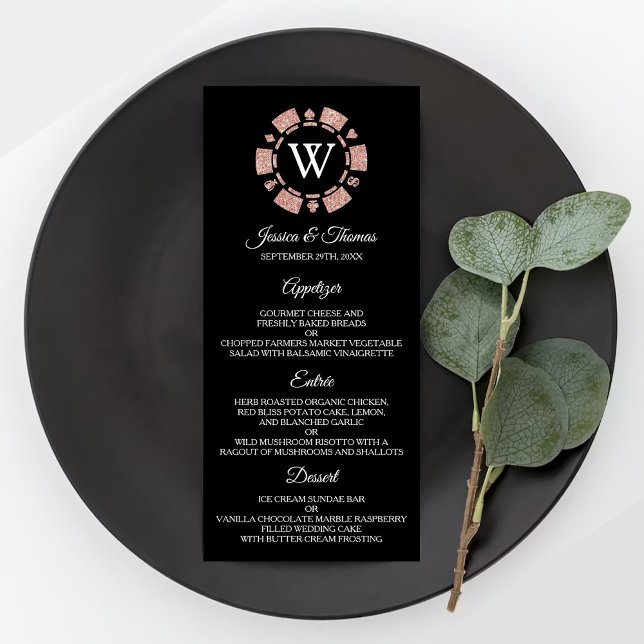 Rose Gold Monogram Poker Chip Casino Wedding Menu (Creator Uploaded)