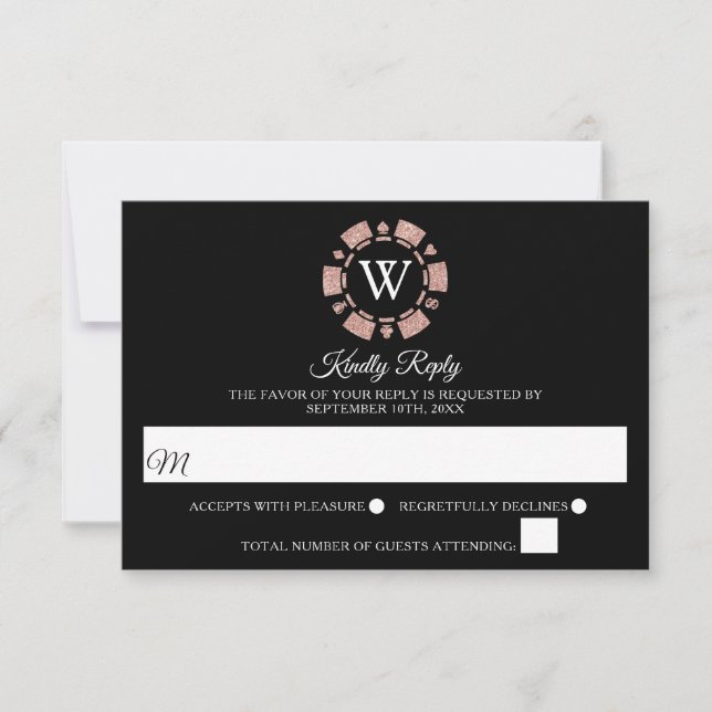 Rose Gold Monogram Poker Chip Casino Wedding RSVP Card (Front)