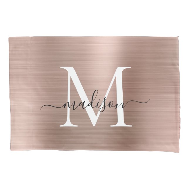 Rose Gold Monogram Script Elegant Brushed Metal Pillowcase (Front)