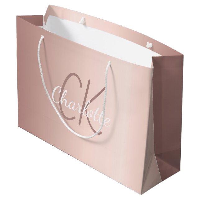 Rose gold monogram script modern elegant large gift bag (Back Angled)