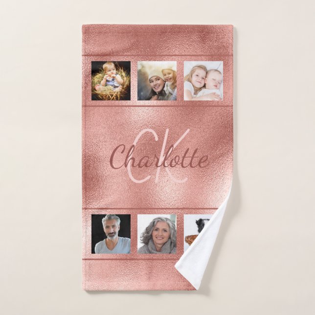 Rose gold monogram script photo collage bath towel set (Hand Towel)